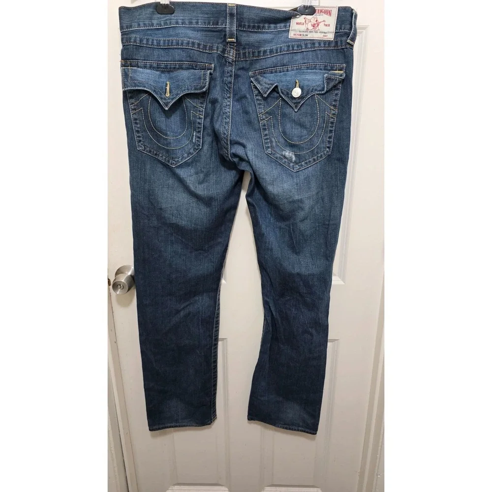 True Religion Men's Straight Leg Slim Blue Distressed Denim Jeans‎ Relaxing